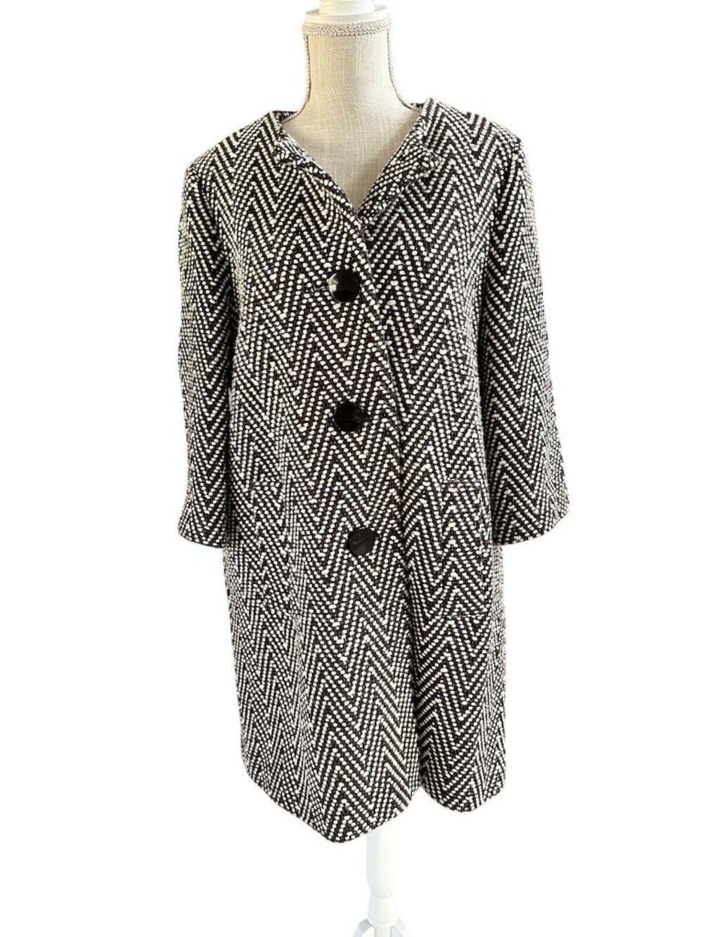 Michael Kors Womens Herringbone Brown & White Wool Blend Long Coat Size L